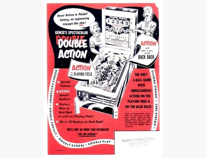 Double Action pinball flyer, Genco Manufacturing Company, 1951