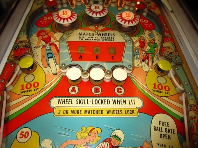 A close-up photograph of the three Wild Wheels score reels set into the playfield beneath a Match-Wheels sign reading 'hit white targets to advance wheels'