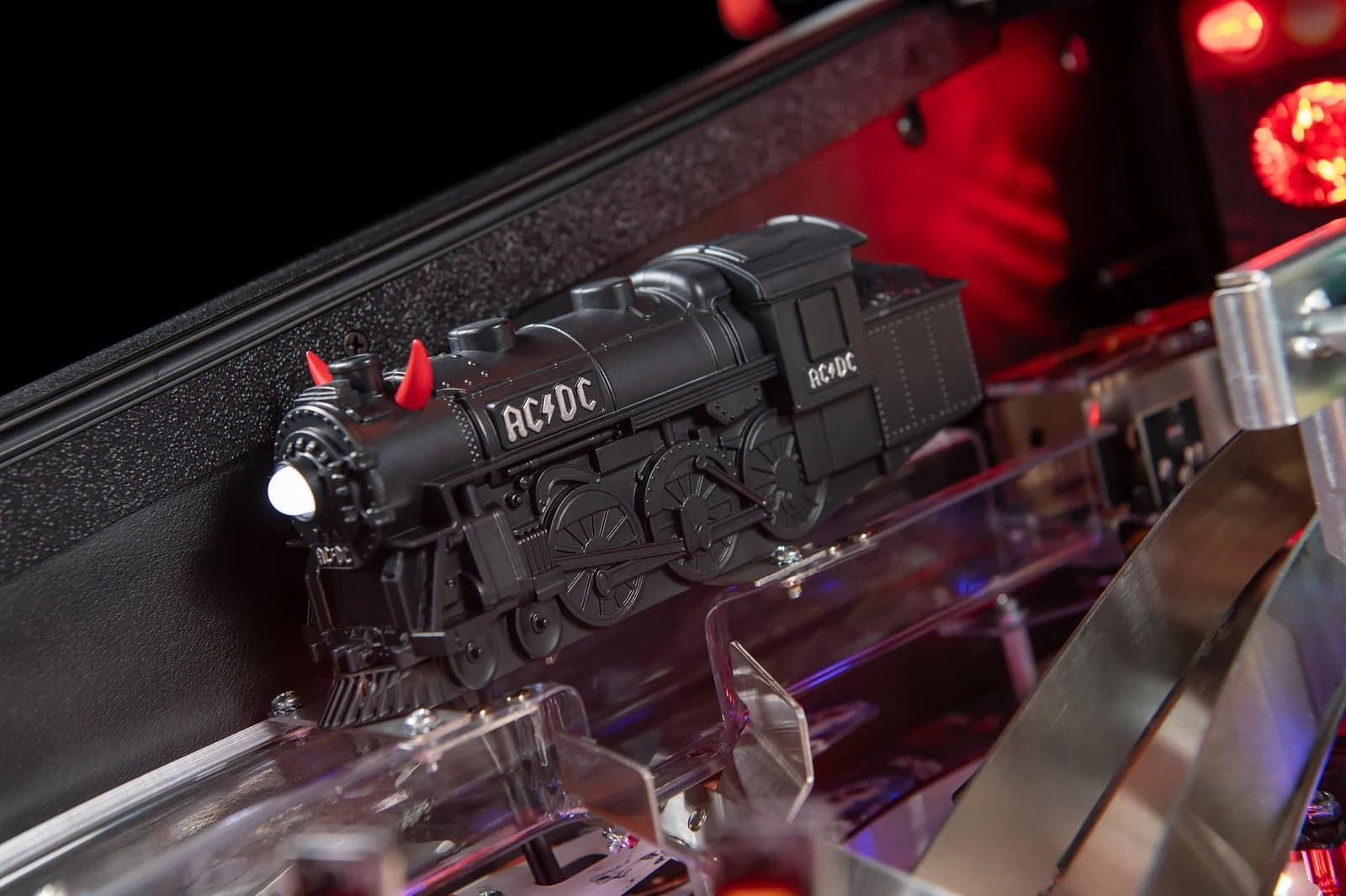 The AC/DC locomotive on the Rock N Roll Train diverter, with red horns on the front