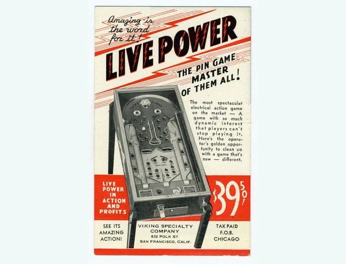 Live Power pinball flyer, Dudley-Clark Company, 1934