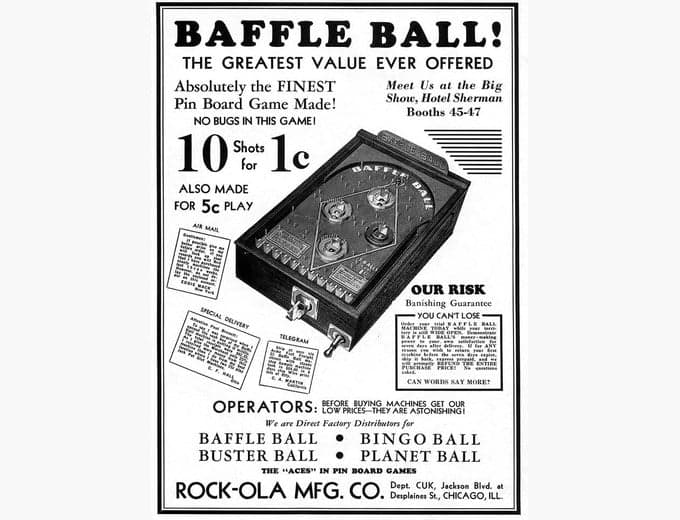 Baffle Ball pinball flyer, D. Gottlieb & Company, 1931