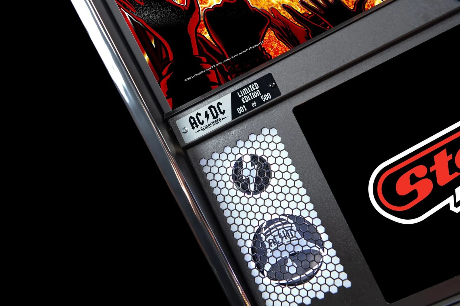 The LE speaker panel with a laser-cut bell, beside an AC/DC Remastered plaque reading Limited Edition 001 of 500