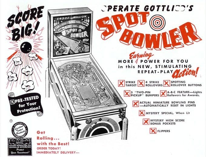 Spot Bowler pinball flyer, D. Gottlieb & Company, 1950