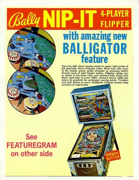 A colour Bally Nip-It flyer headlined 'with amazing new Balligator feature', with playfield close-ups showing the alligator mechanism swallowing a ball among swamp weeds