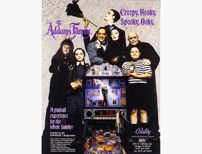 The Addams Family pinball flyer, Midway Manufacturing Company, 1992