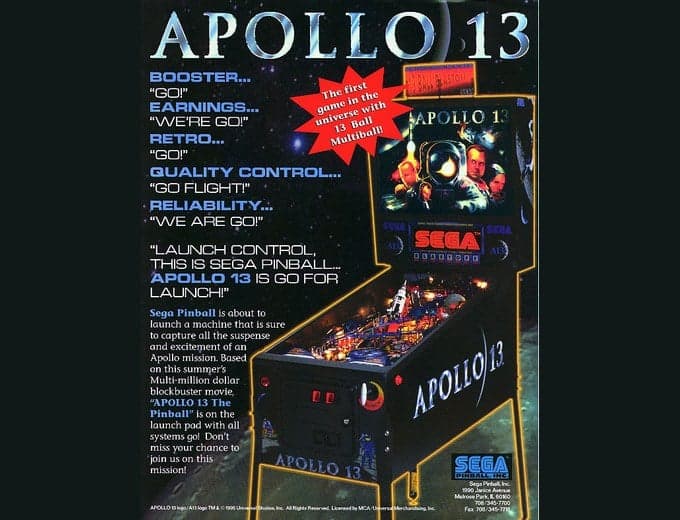 Apollo 13 pinball flyer, Sega Pinball, Incorporated, 1995