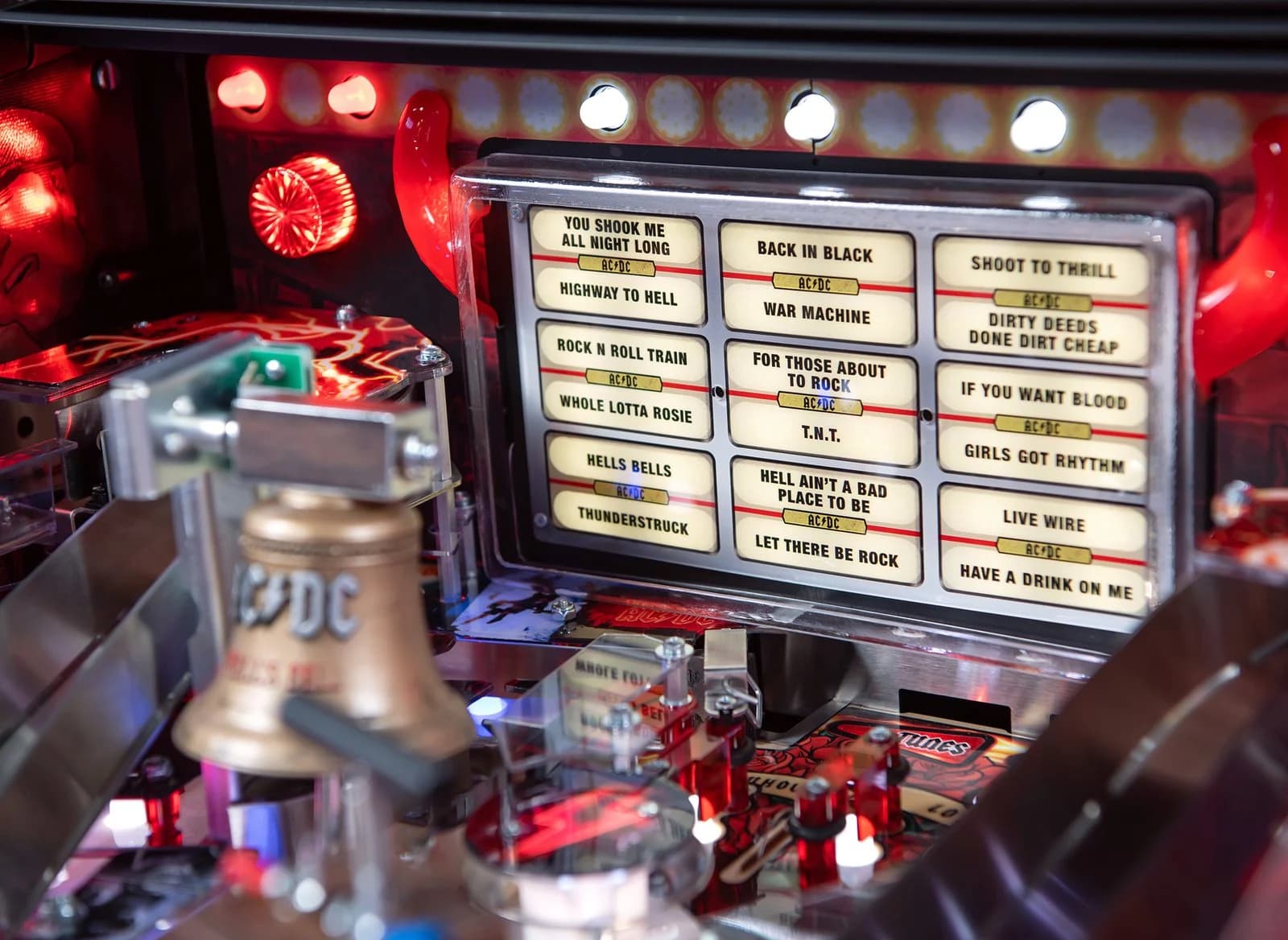 The lit jukebox in the back panel, listing the game's songs