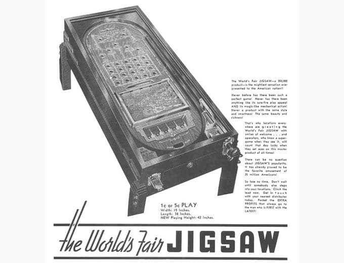 The World's Fair Jigsaw pinball flyer, Rock-ola Manufacturing Corporation, 1933