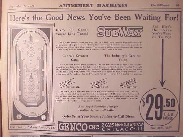 Subway pinball flyer, Genco Manufacturing Company, 1934