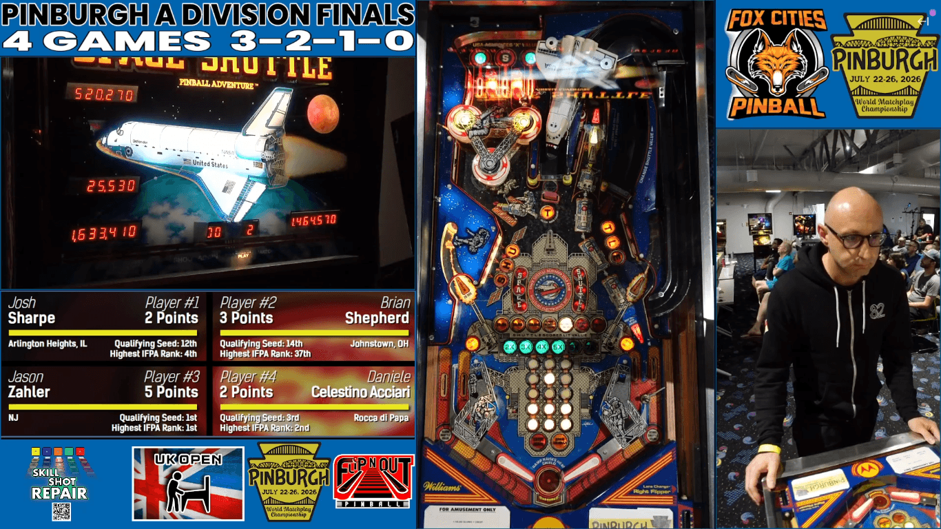 Daniele Celestino Acciari playing Space Shuttle in the Pinburgh 2026 grand finals, under a broadcast banner reading Pinburgh A Division Finals, 4 games, 3-2-1-0