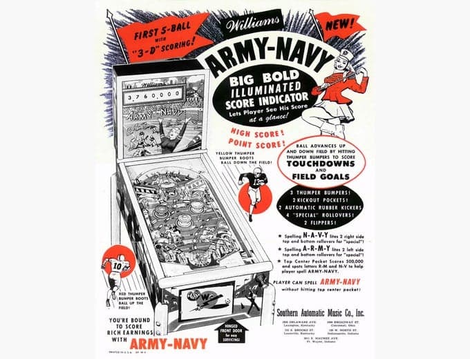 Army Navy pinball flyer, Williams Manufacturing Company, 1953