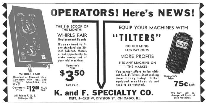 Whirls Fair pinball flyer, K & F Specialty Company, 1933
