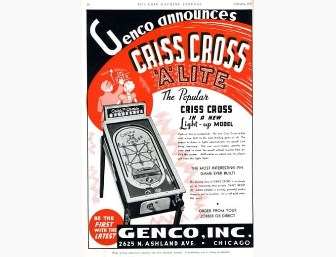 Criss Cross 'A' Lite pinball flyer, Genco Manufacturing Company, 1935