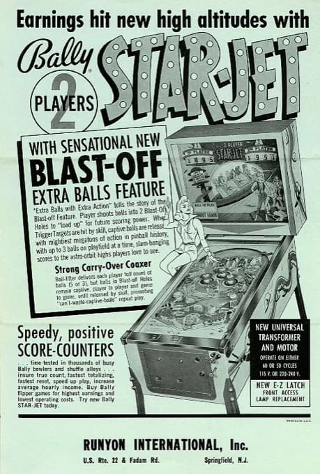 A black-and-white Bally Star-Jet sales flyer headlined 'Earnings hit new high altitudes', promoting the Blast-Off extra balls feature and carry-over captive balls