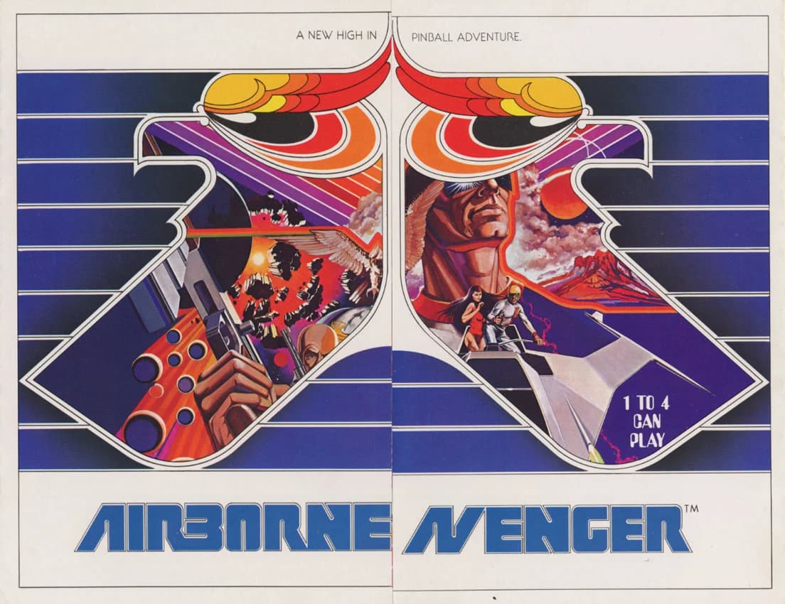The fold-out cover of Atari's Airborne Avenger sales flyer, two mirrored jet pilots in red, orange and blue above the game's logo