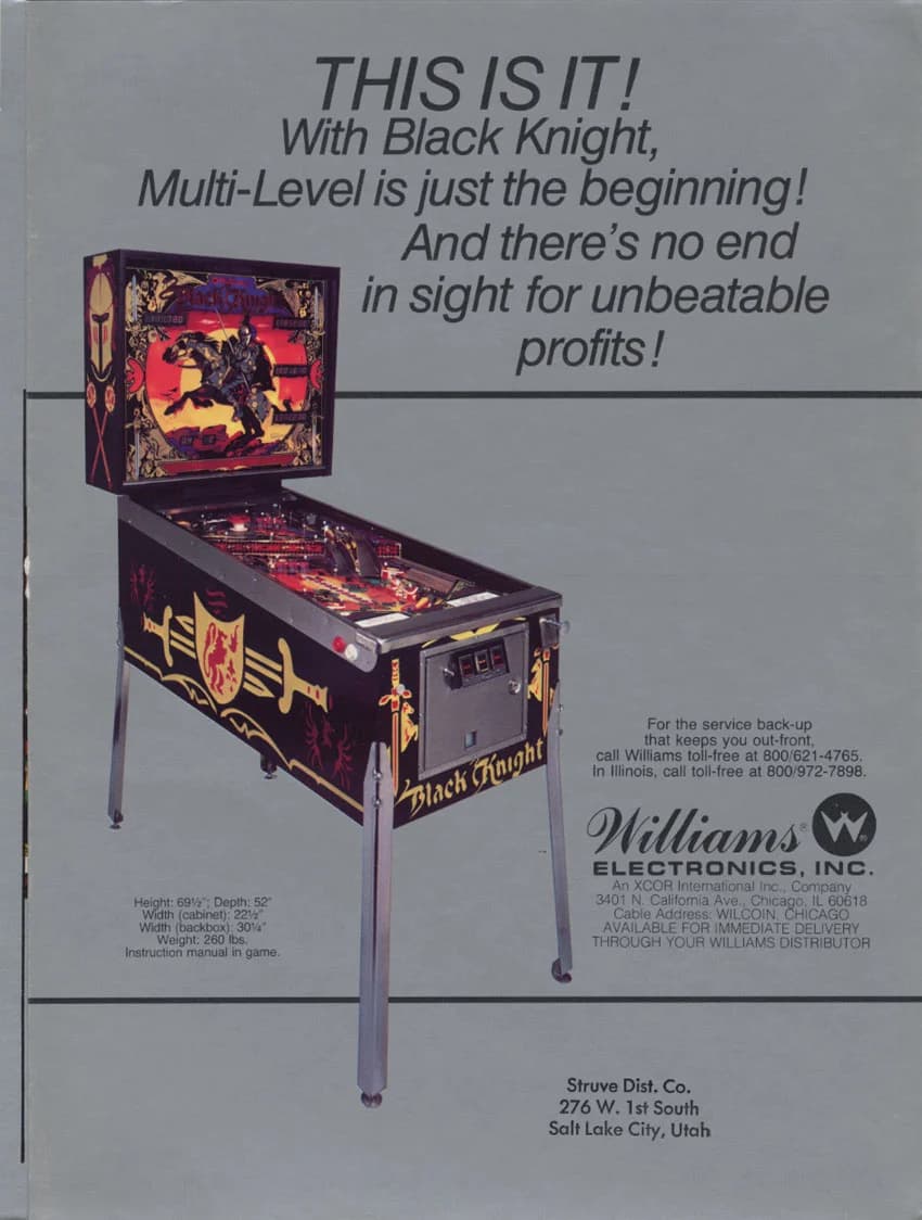 A Williams Black Knight sales flyer page on grey, the cabinet beside the headline 'This is it! With Black Knight, Multi-Level is just the beginning!'