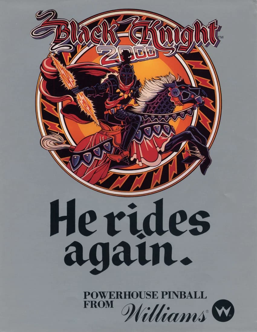 The cover of Williams' Black Knight 2000 sales flyer, the knight on a rearing horse inside a red medallion above the words 'He rides again'