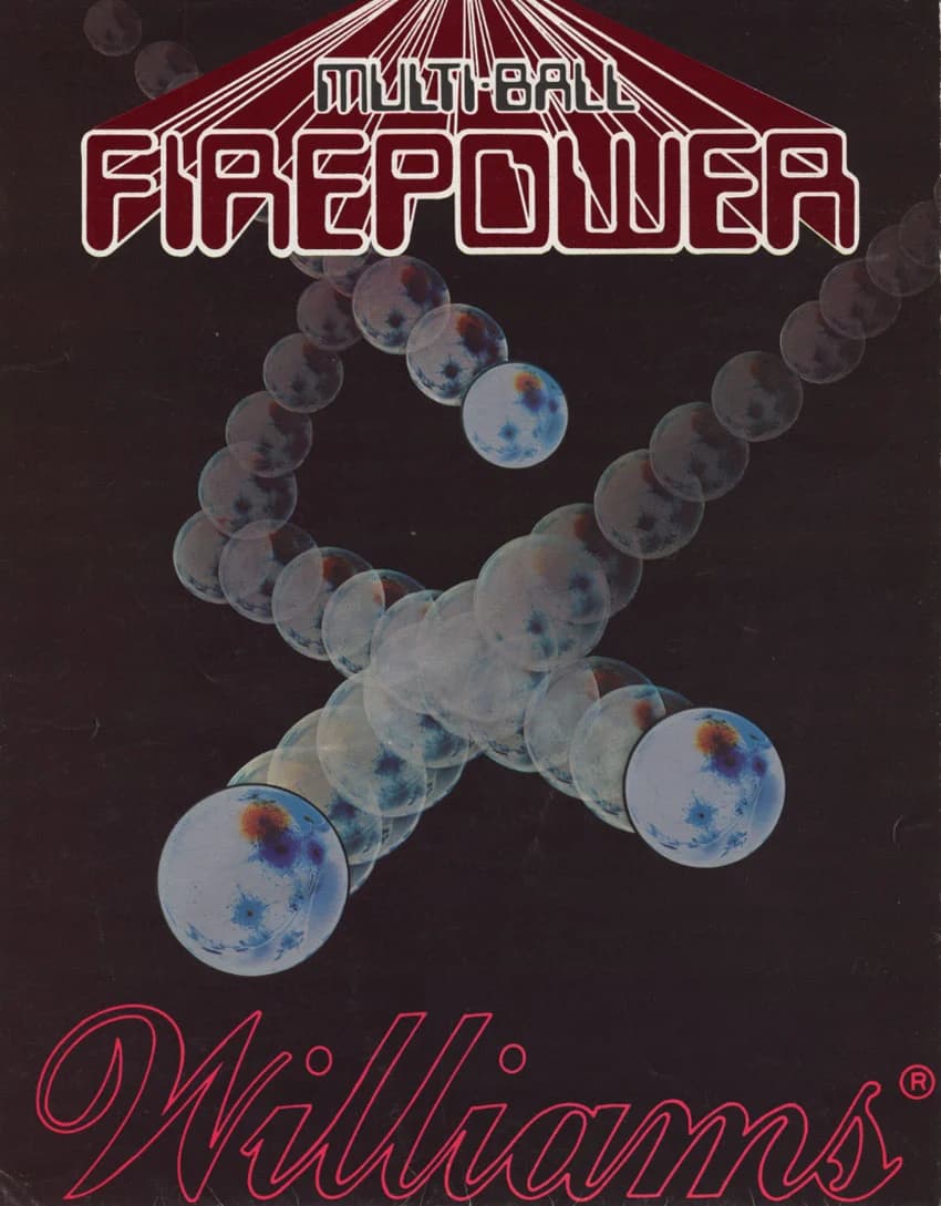The cover of Williams' Firepower sales flyer, the 'Multi-Ball Firepower' logo above a trail of chrome pinballs on a dark background