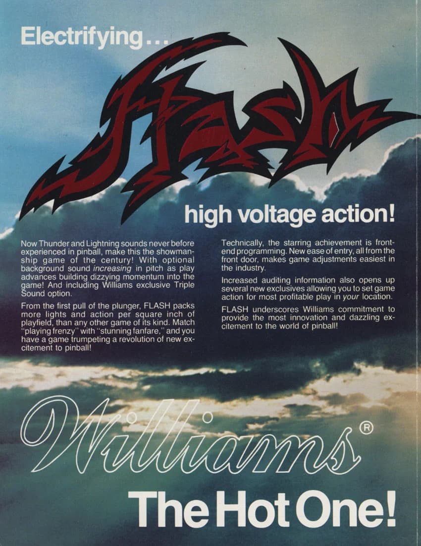 Williams' Flash sales flyer, the red Flash logo over a stormy sky, headed 'Electrifying… high voltage action!' and signed off 'The Hot One!'