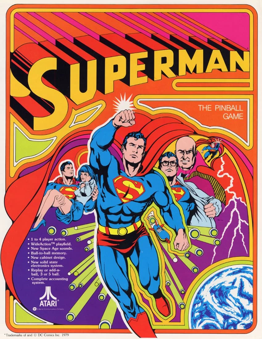 Atari's Superman sales flyer, Superman flying toward the viewer with Lois Lane, Jimmy Olsen and Lex Luthor behind him