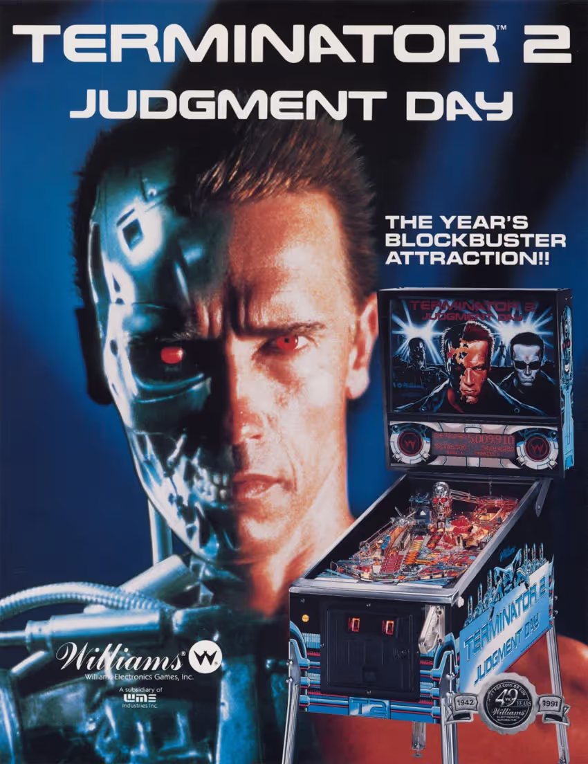 Williams' Terminator 2: Judgment Day sales flyer, Arnold Schwarzenegger's half-endoskeleton face beside the machine and the line 'The year's blockbuster attraction!!'