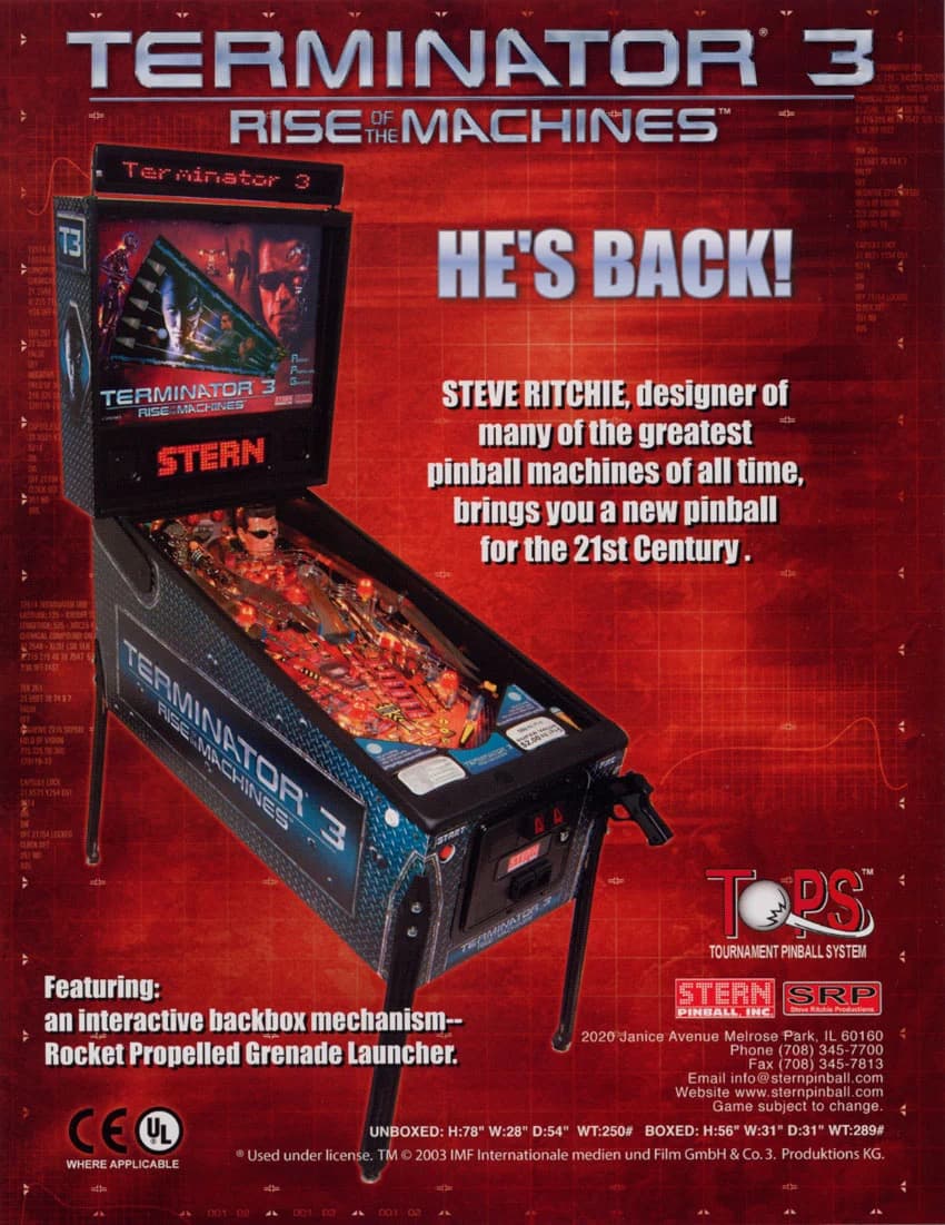 Stern's Terminator 3: Rise of the Machines sales flyer on red, the cabinet beside the headline 'He's back!' and a line naming Steve Ritchie as the designer