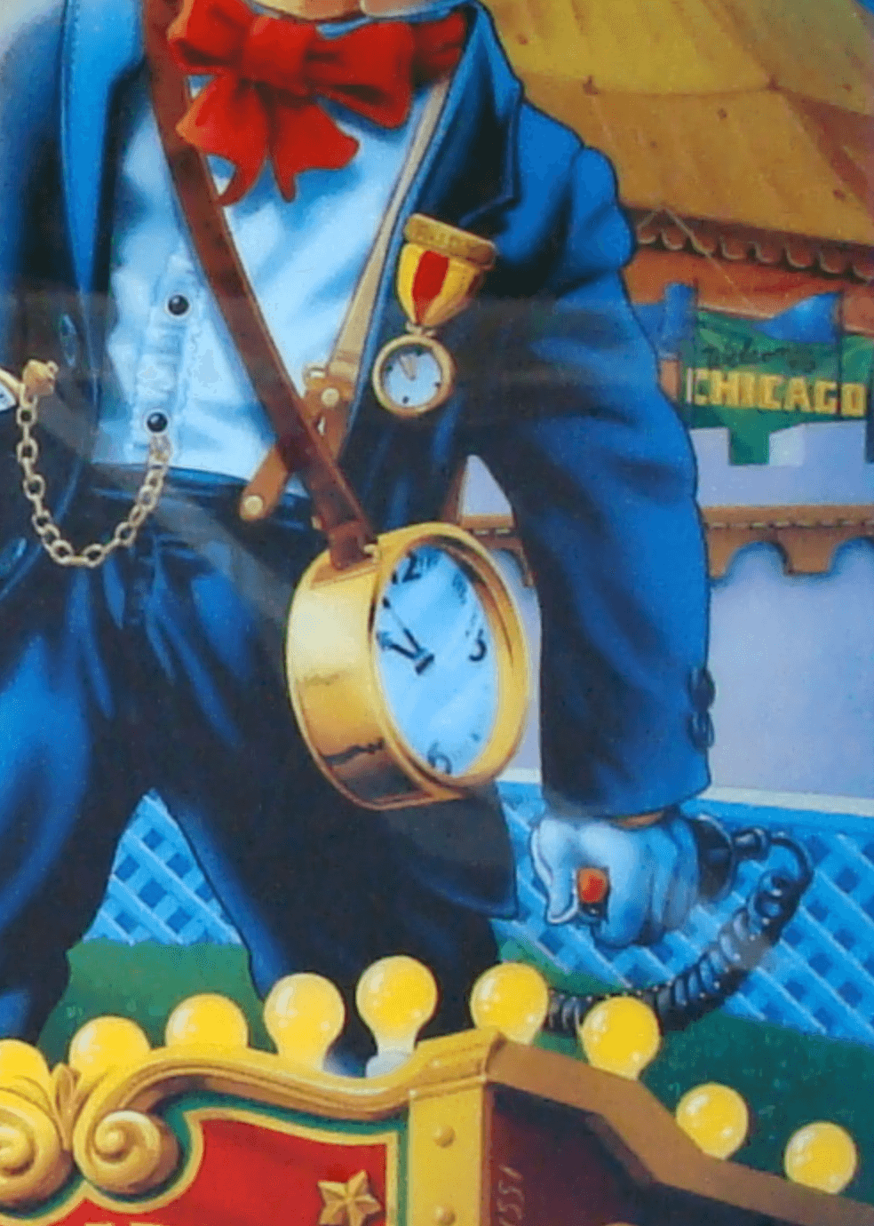 Detailed illustration of timepieces, medals, and Chicago-themed background