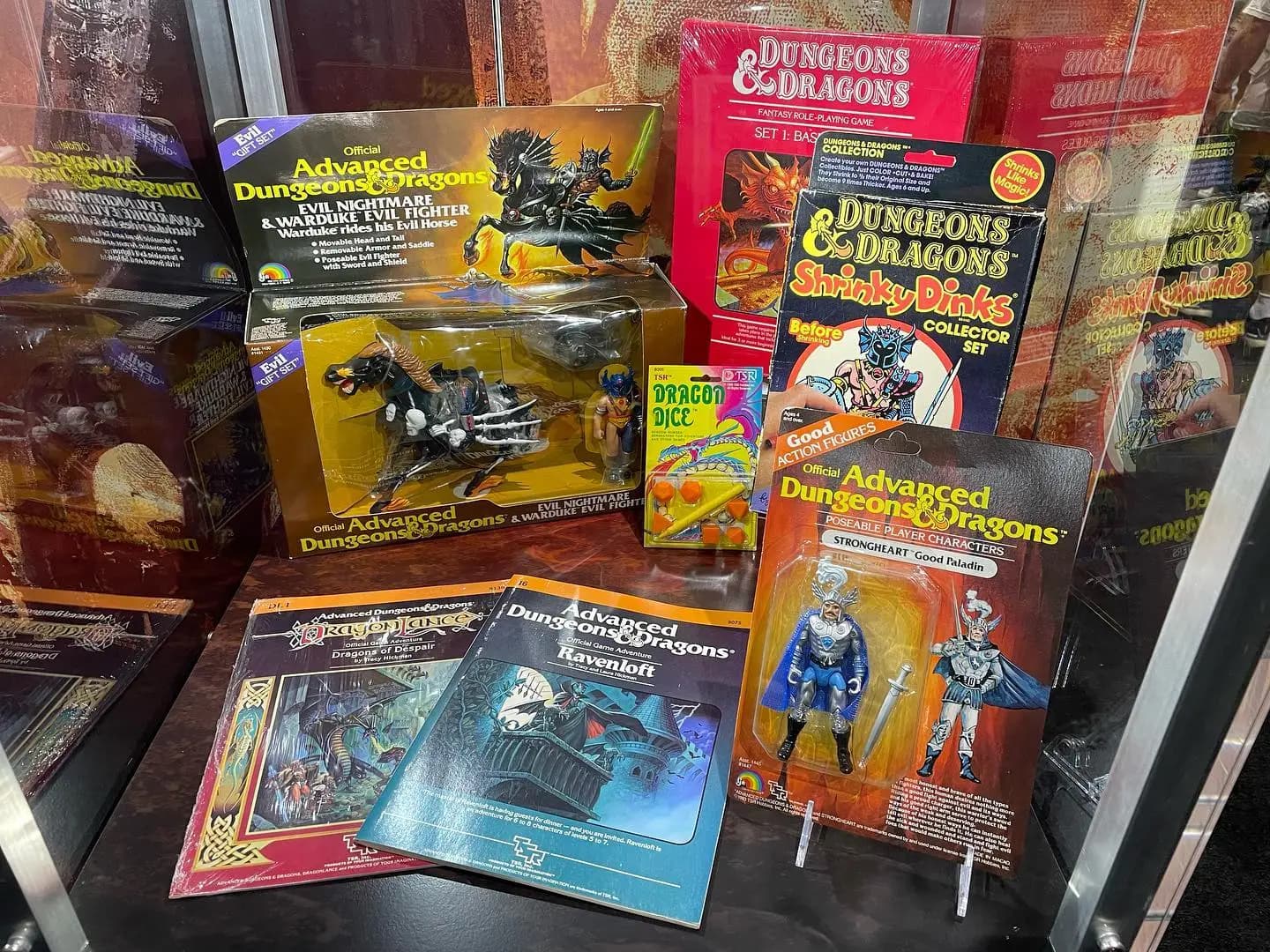 Vintage Dungeons and Dragons collectibles and action figures displayed
