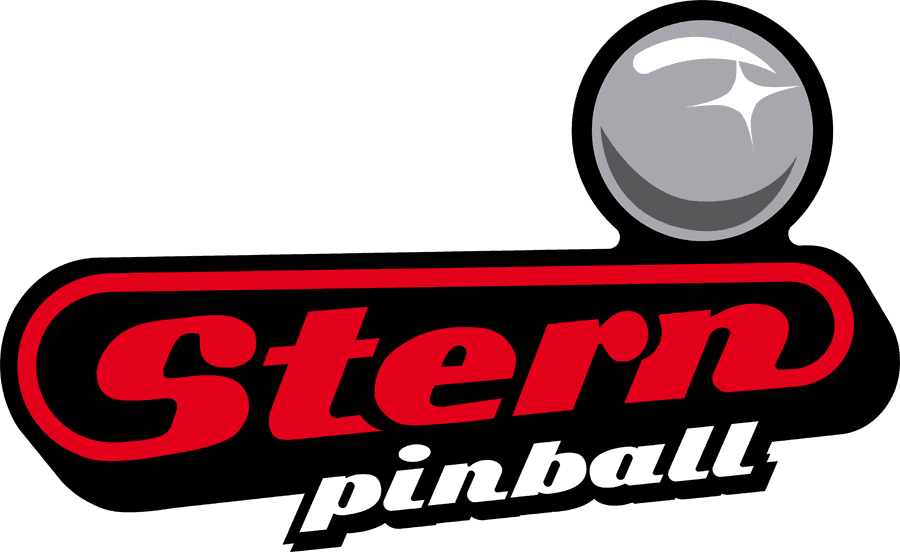 Stern Pinball logo with glossy red and black lettering and metallic ball