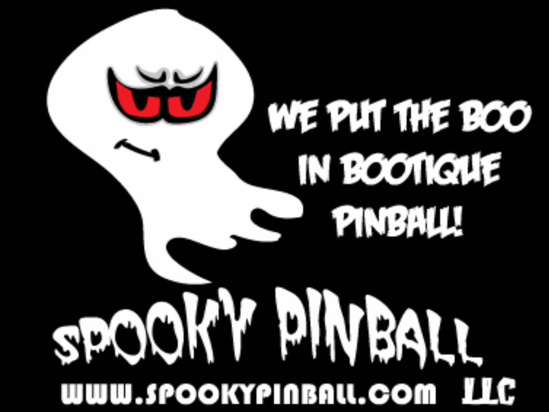 Ghost mascot promoting Spooky Pinball with playful Halloween-themed logo