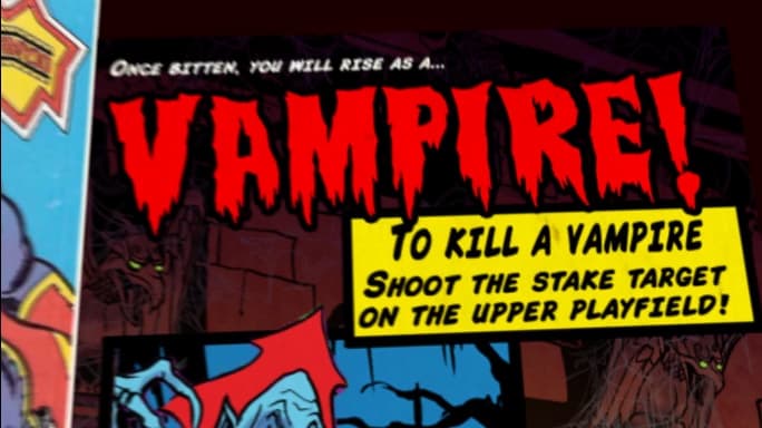 Vampire comic book panel with dramatic red text and vampire hunting instructions