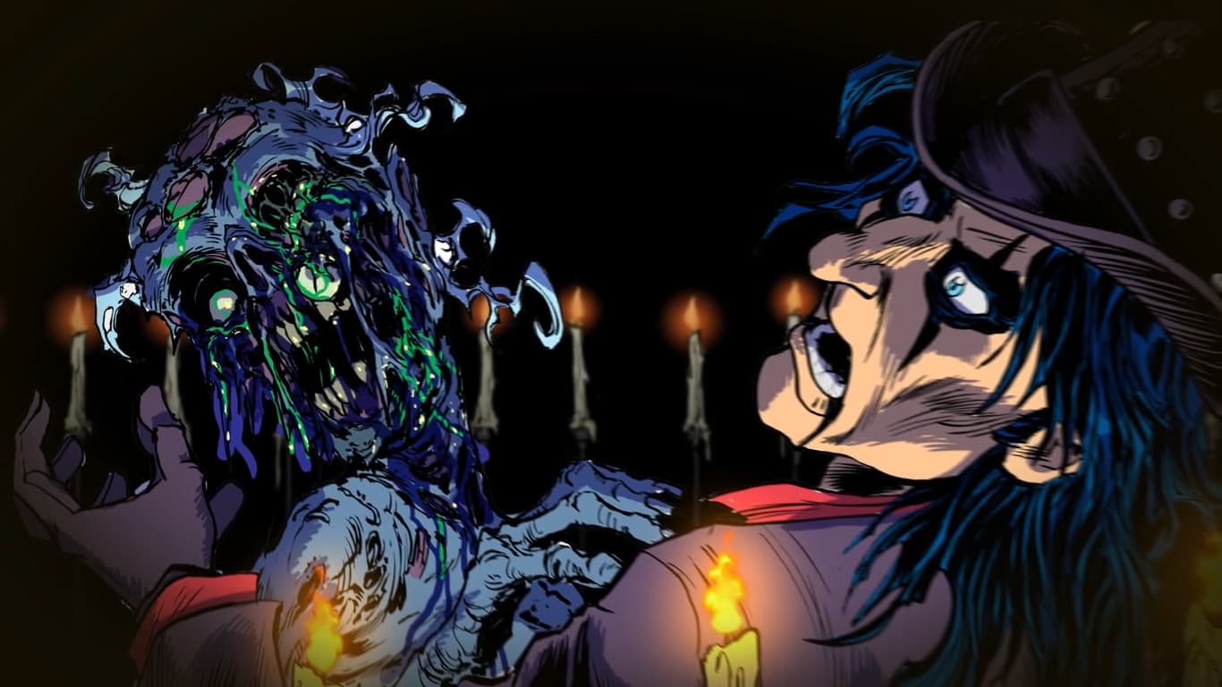 Monstrous creature confronts a person amid flickering candles in dark scene