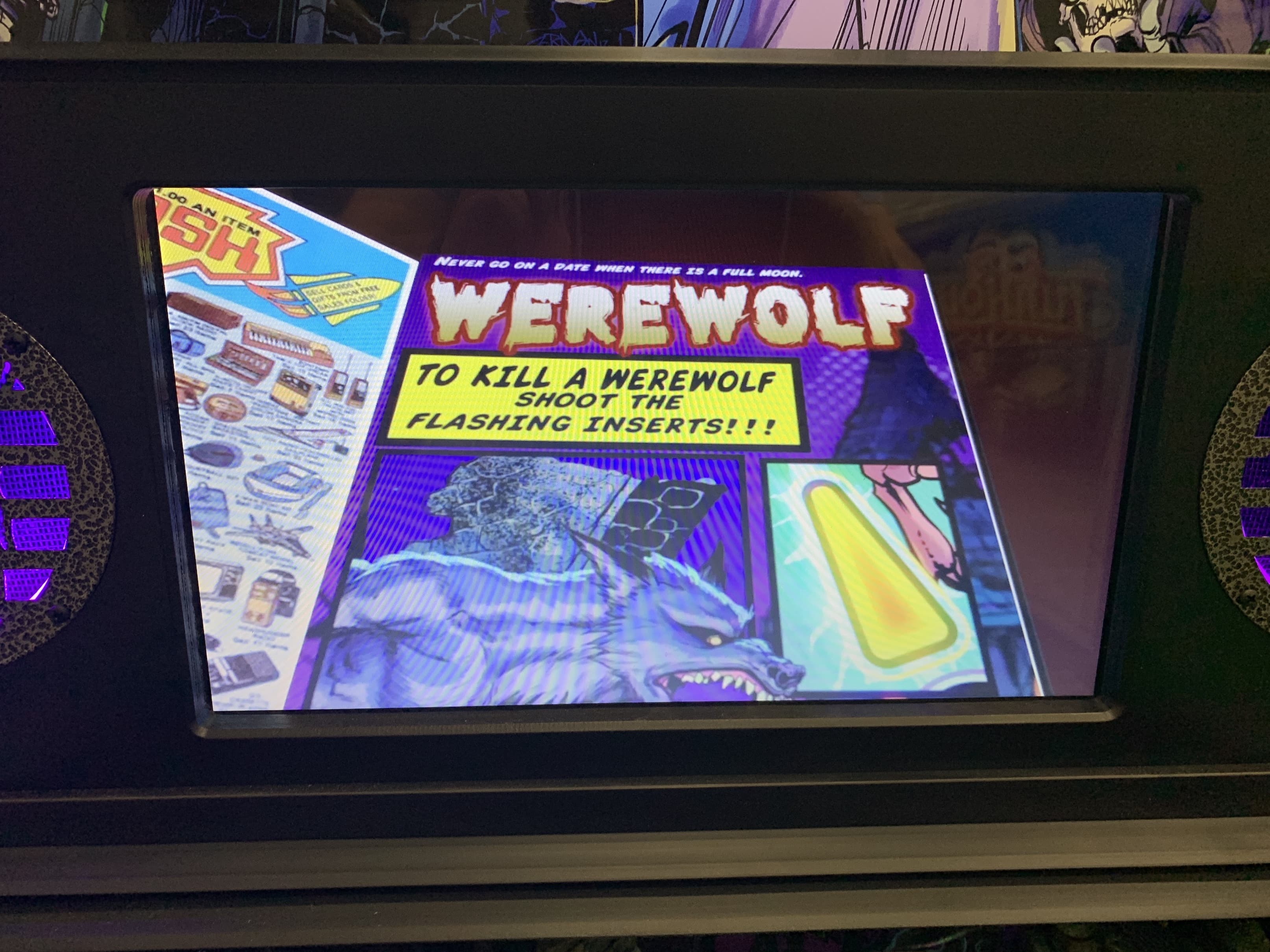 Vintage werewolf arcade game screen with comic book style instructions
