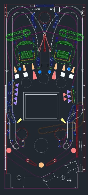 Colorful pinball machine layout with geometric design and game elements