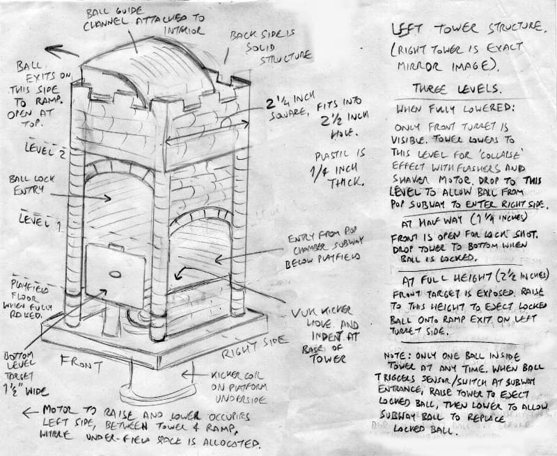 Detailed architectural sketch of a multi-level tower with technical annotations