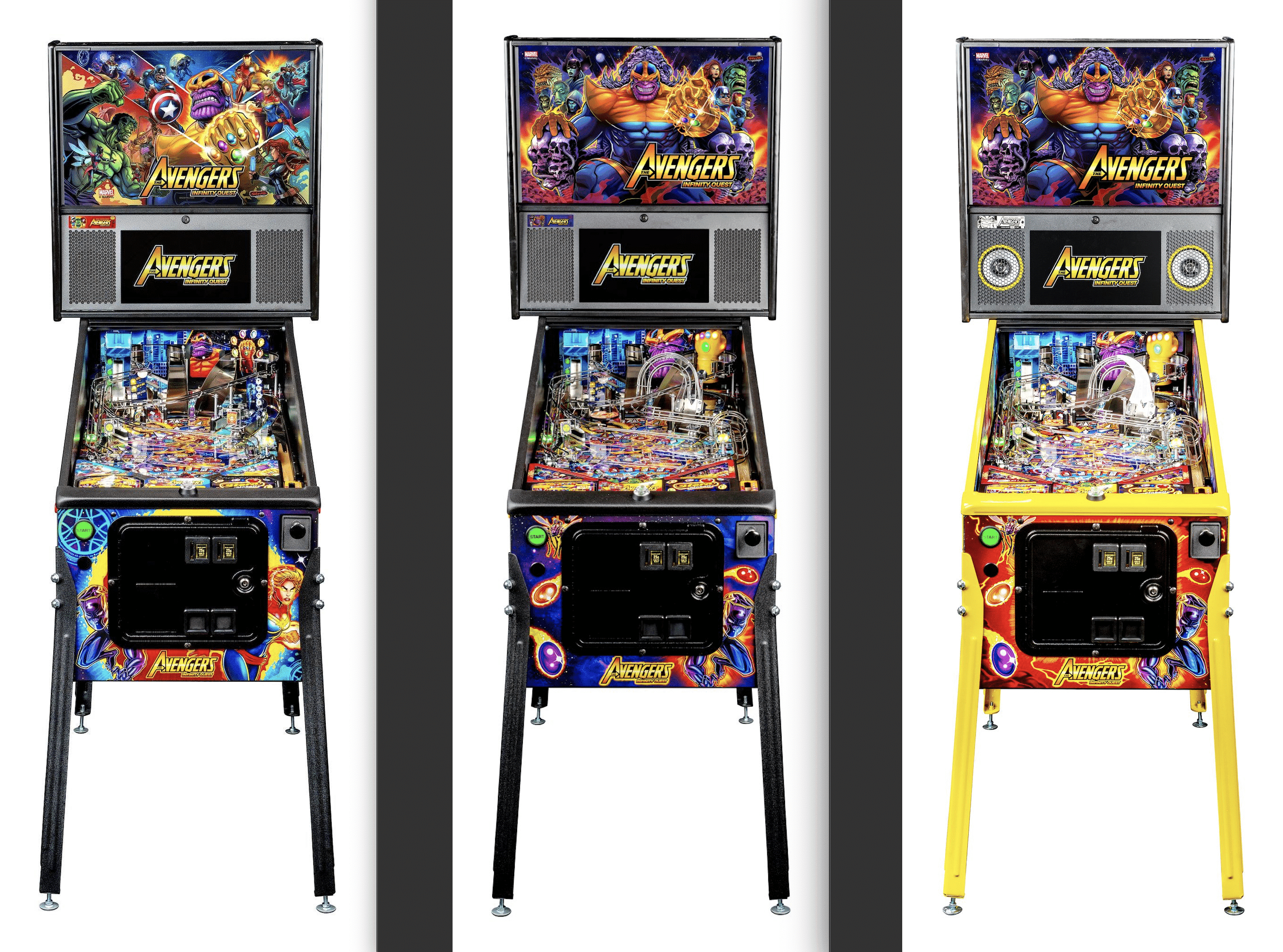 Avengers-themed pinball machine with colorful superhero artwork and playfield