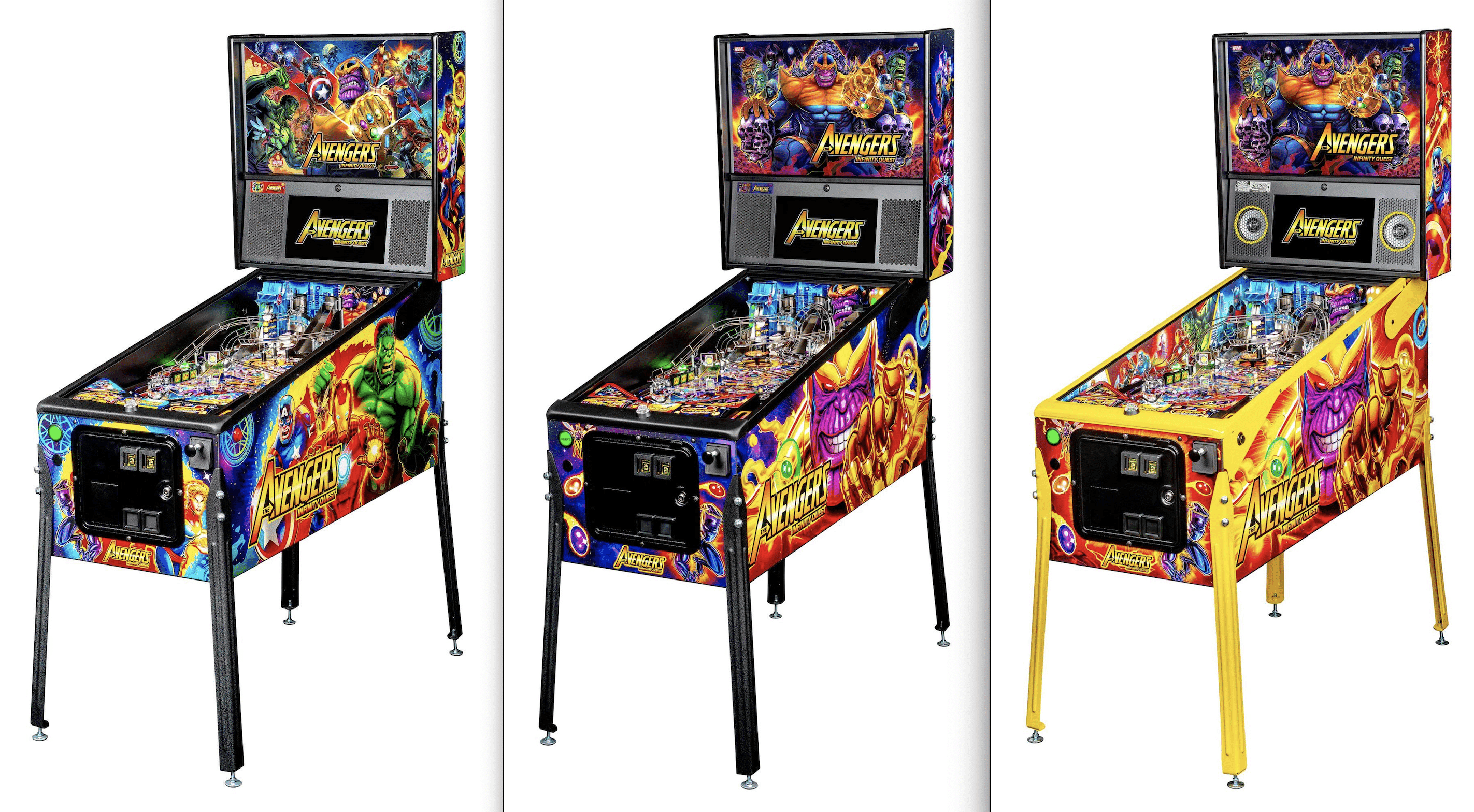 Three Avengers-themed pinball machines with colorful Marvel superhero artwork