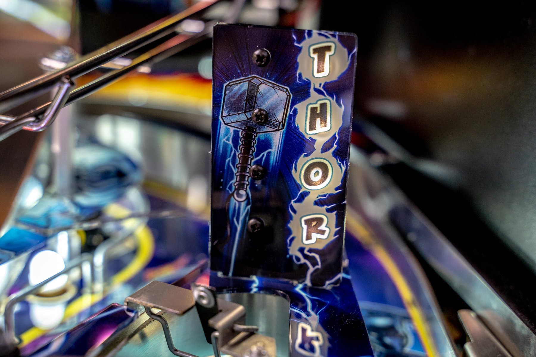Thor-themed pinball machine panel with lightning and hammer design