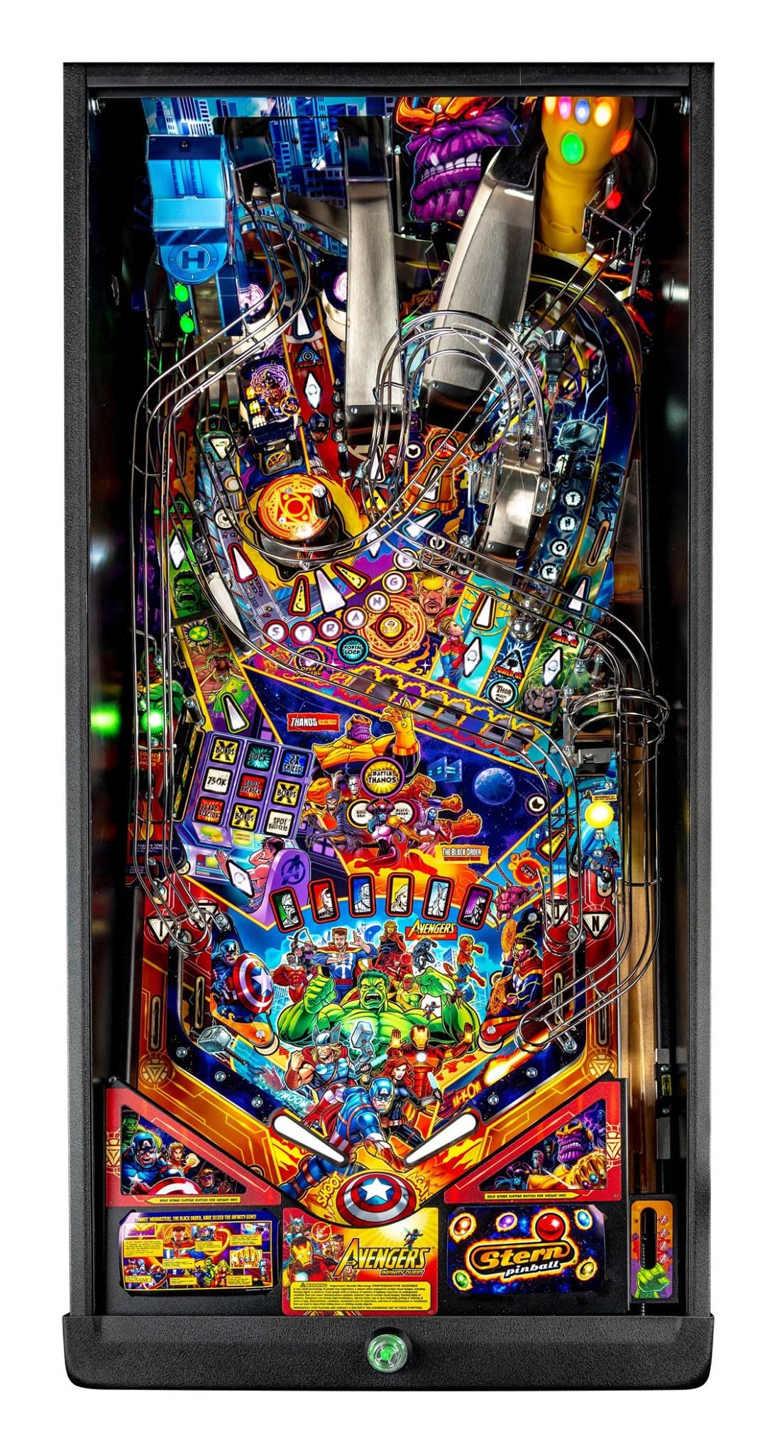 Avengers-themed pinball machine with colorful superhero characters and design