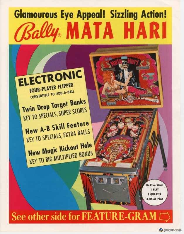 Vintage Bally Mata Hari pinball machine advertisement with game features