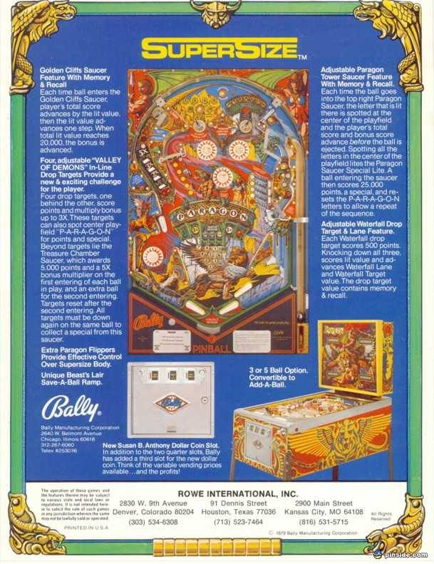 bally paragon pinball flyer 1970s