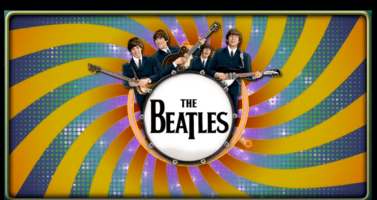 The Beatles band members posing with instruments on psychedelic background