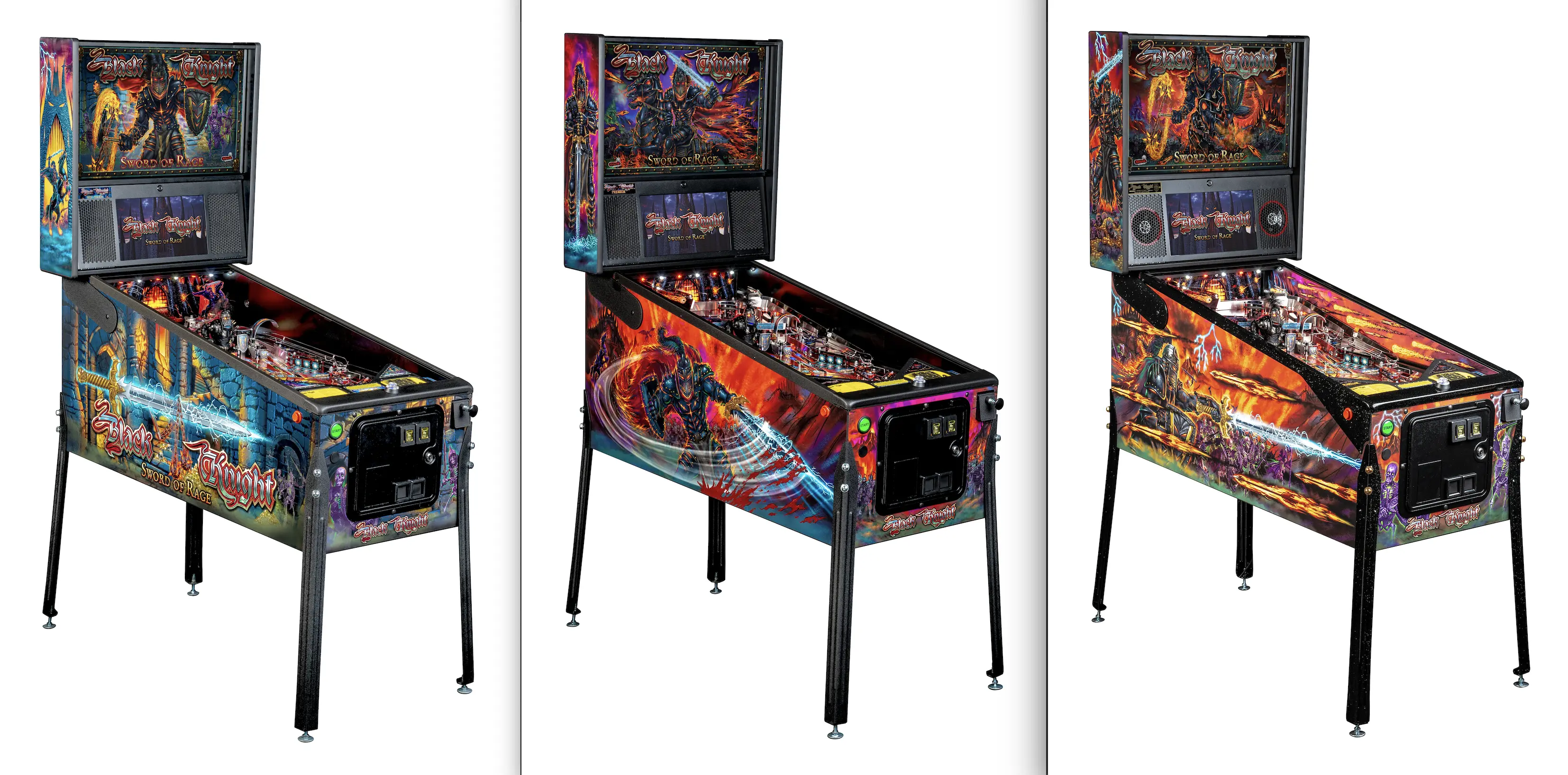 Three views of a colorful Sword of Rage pinball machine with vibrant artwork