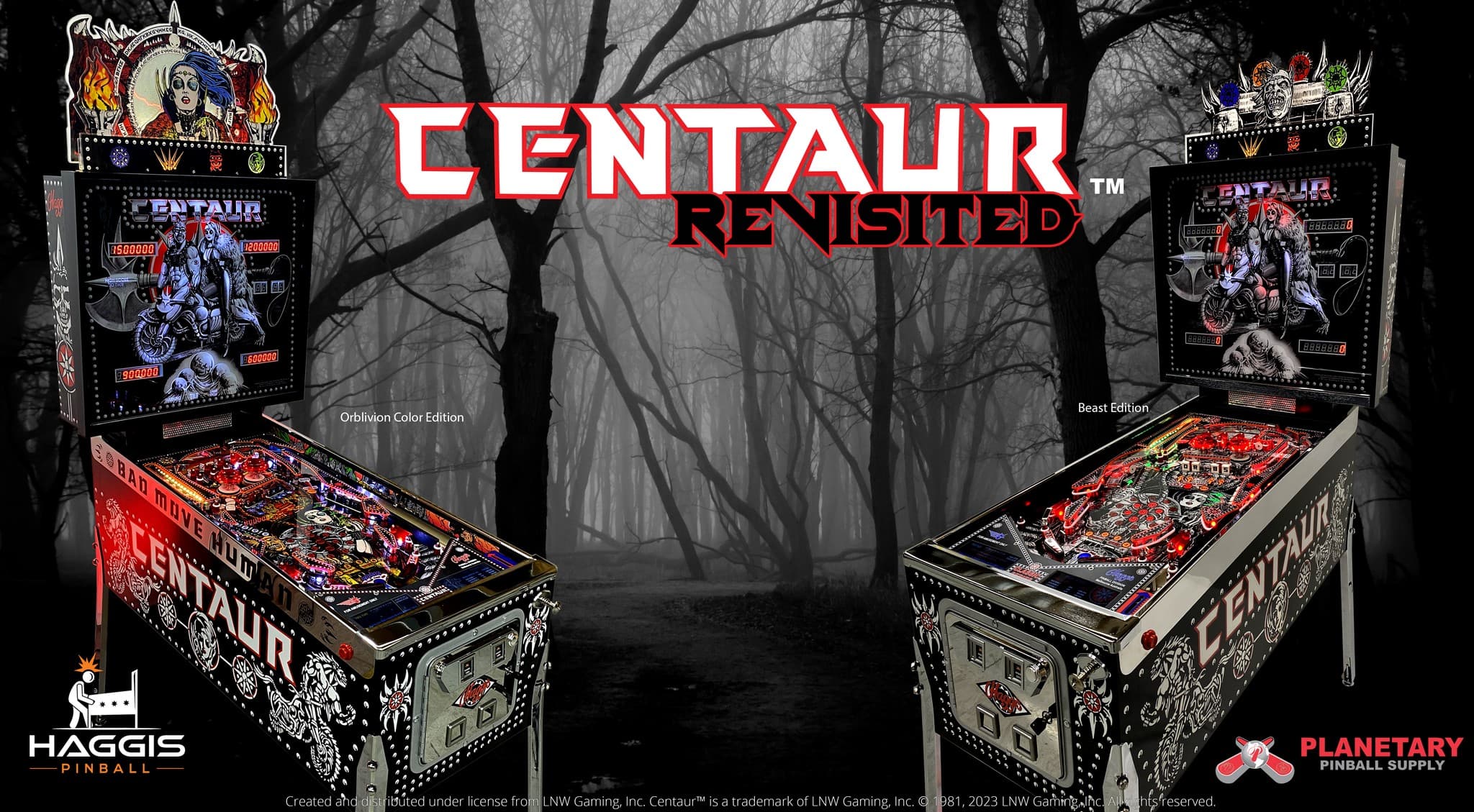 Two Centaur Revisited pinball machines in misty forest setting