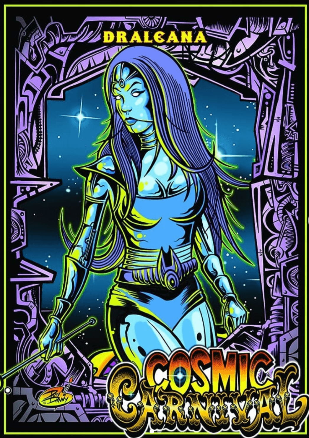 Mystical blue-toned alien figure in cosmic space with ornate frame