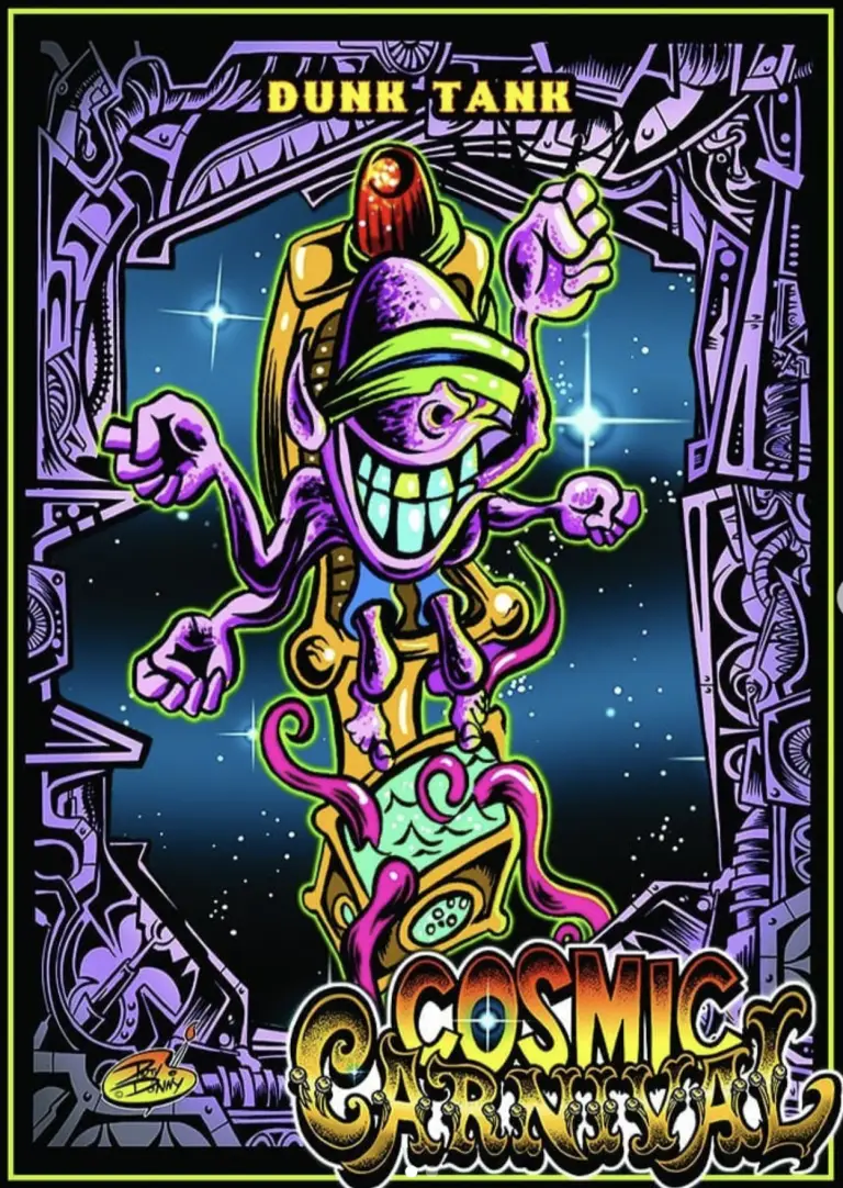 Psychedelic alien character with multiple arms in starry cosmic background