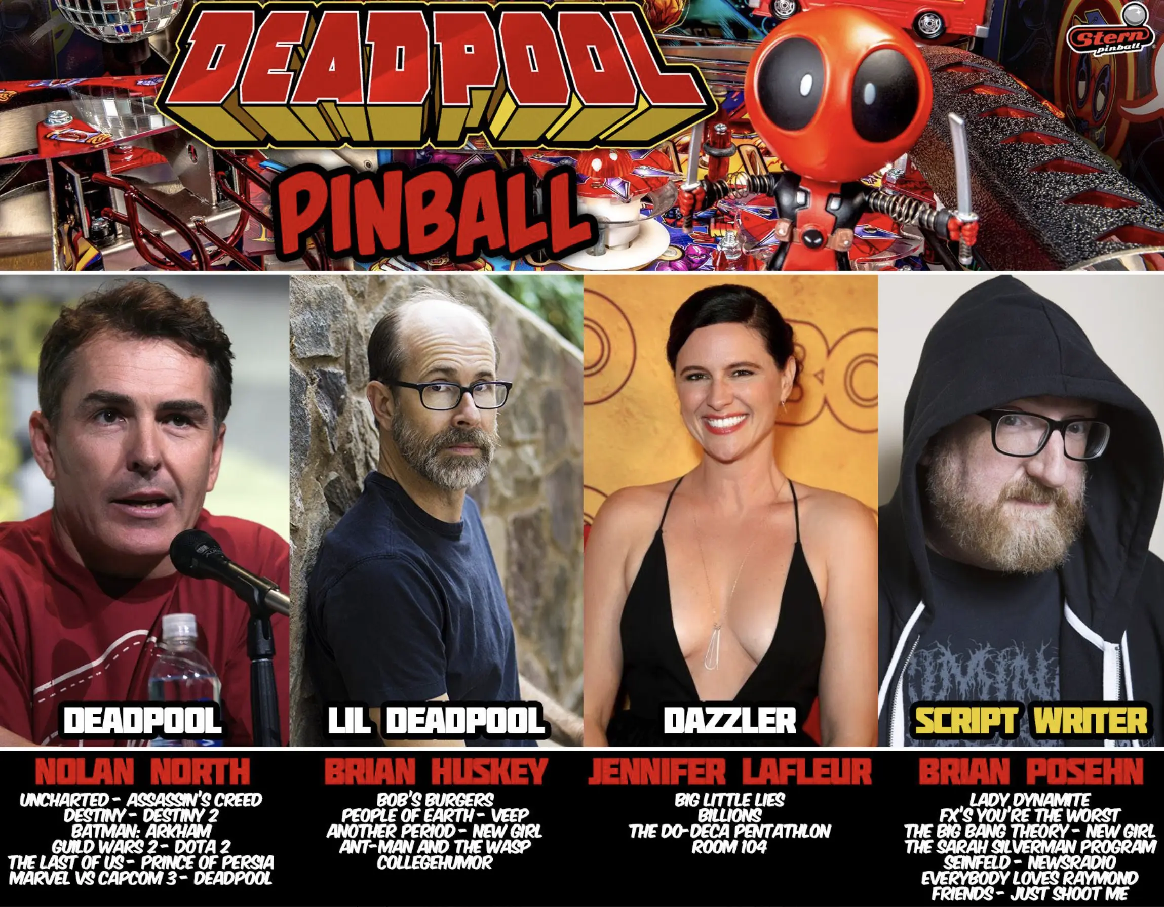 Deadpool pinball machine with cast and crew headshots and credits