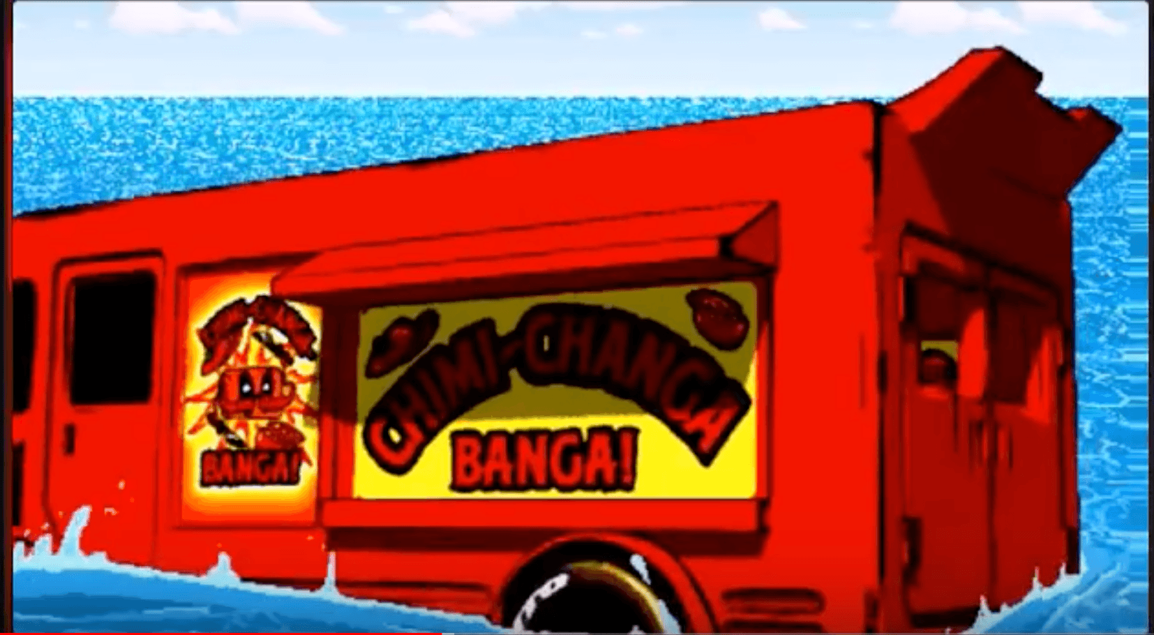 Red food truck with Chili Changa Banga! logo near water