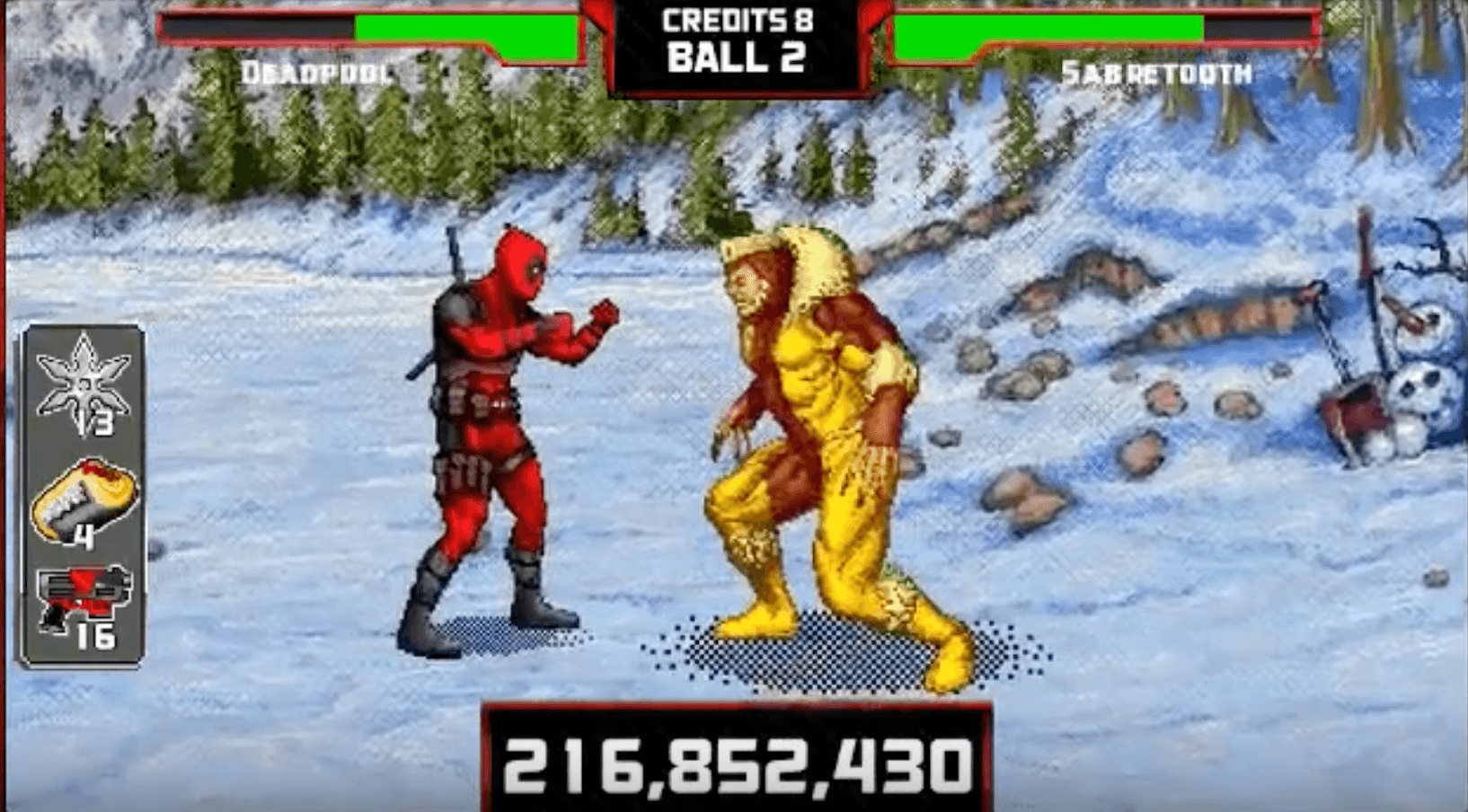 Deadpool and Sabretooth fighting in snowy pixel video game battle