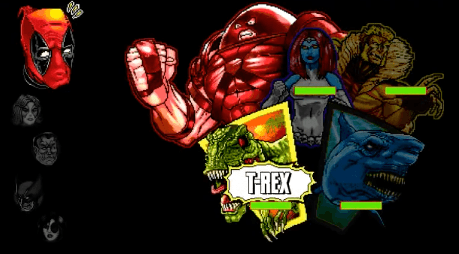 Pixel art of Marvel characters Deadpool, Juggernaut, Mystique, and T-Rex